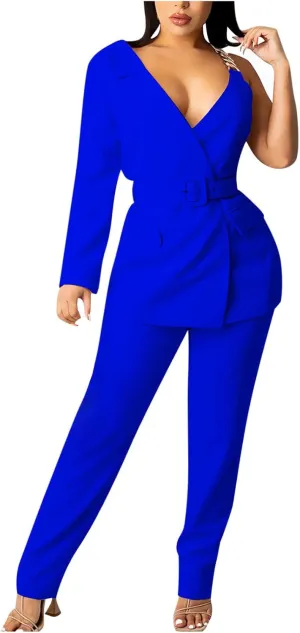 Women's Dressy Pant Suits Belted Asymmetrical Blazer Tops and Pencil Pants Wedding Outfits 2 Piece Formal Pantsuits
