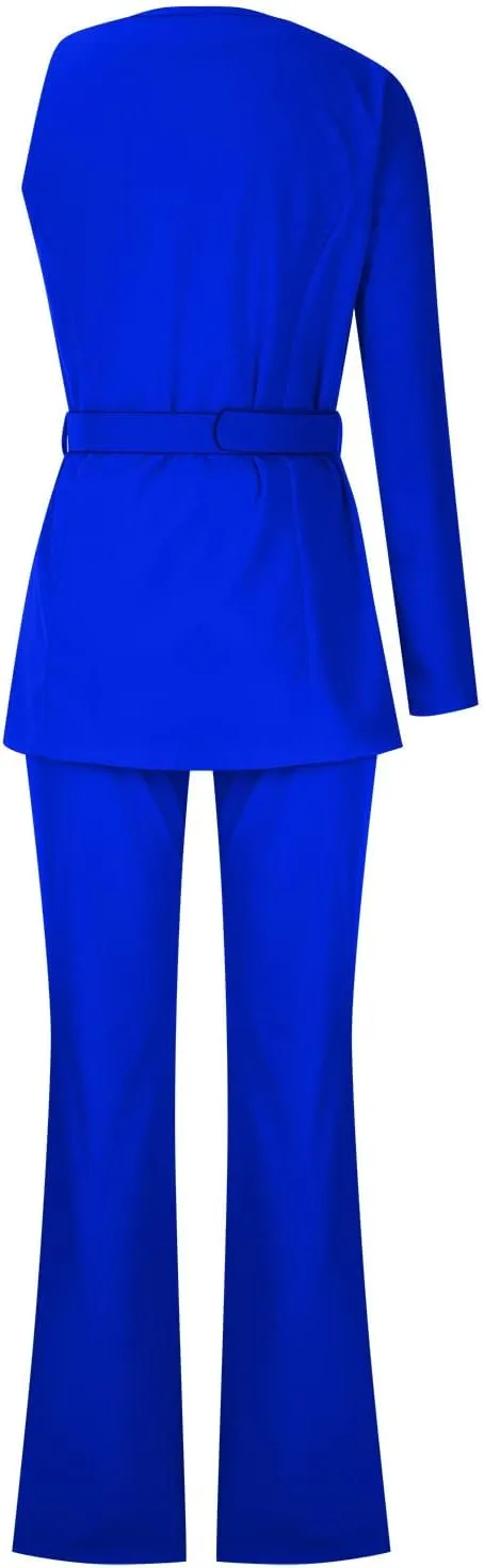 Women's Dressy Pant Suits Belted Asymmetrical Blazer Tops and Pencil Pants Wedding Outfits 2 Piece Formal Pantsuits