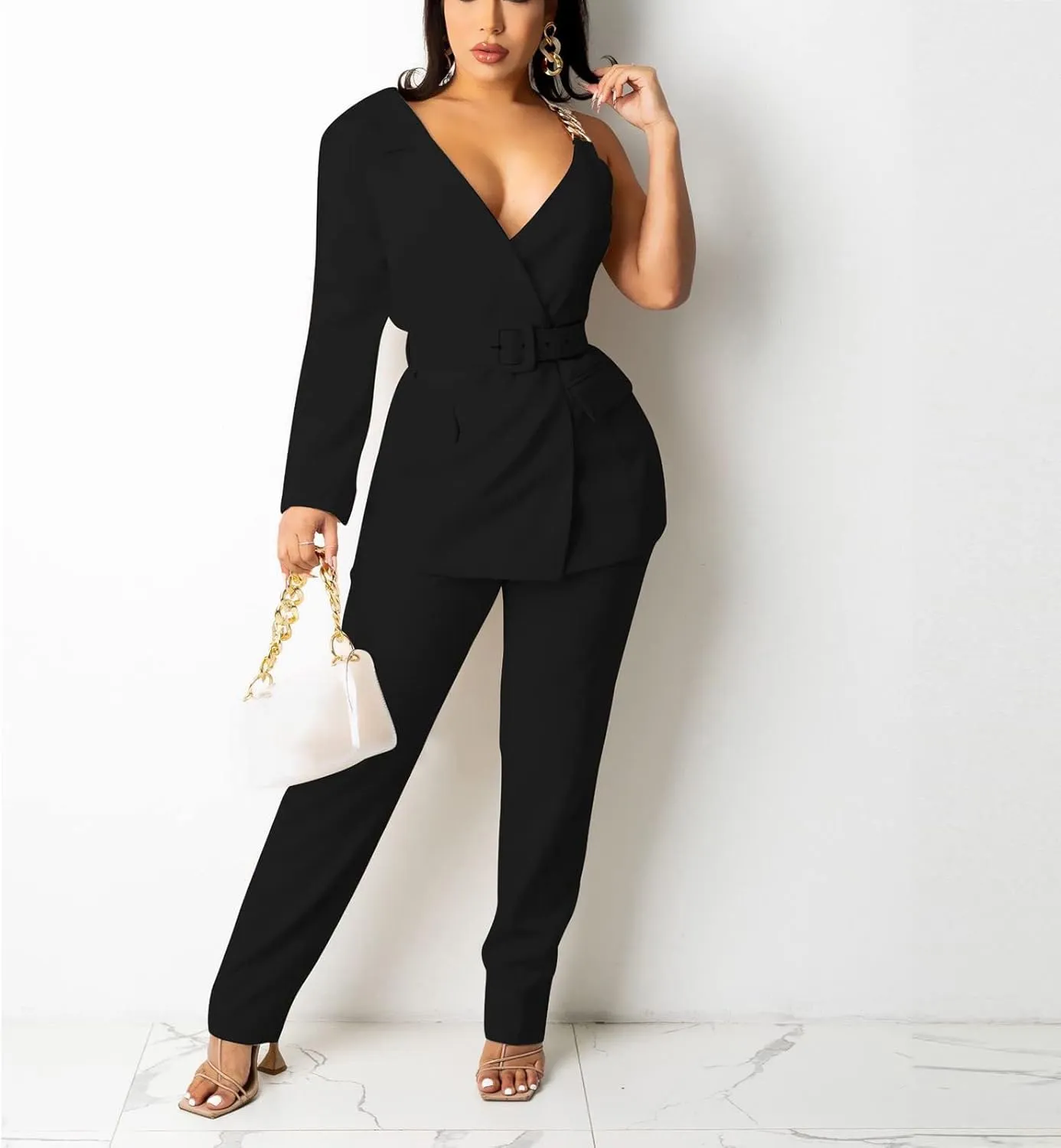Women's Dressy Pant Suits Belted Asymmetrical Blazer Tops and Pencil Pants Wedding Outfits 2 Piece Formal Pantsuits