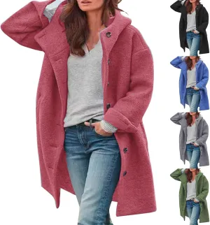 Women's Dressy Trench Coat Fashion Wool Single Breasted Knee Length Hooded Work Jackets Winter Thickened Office Coats