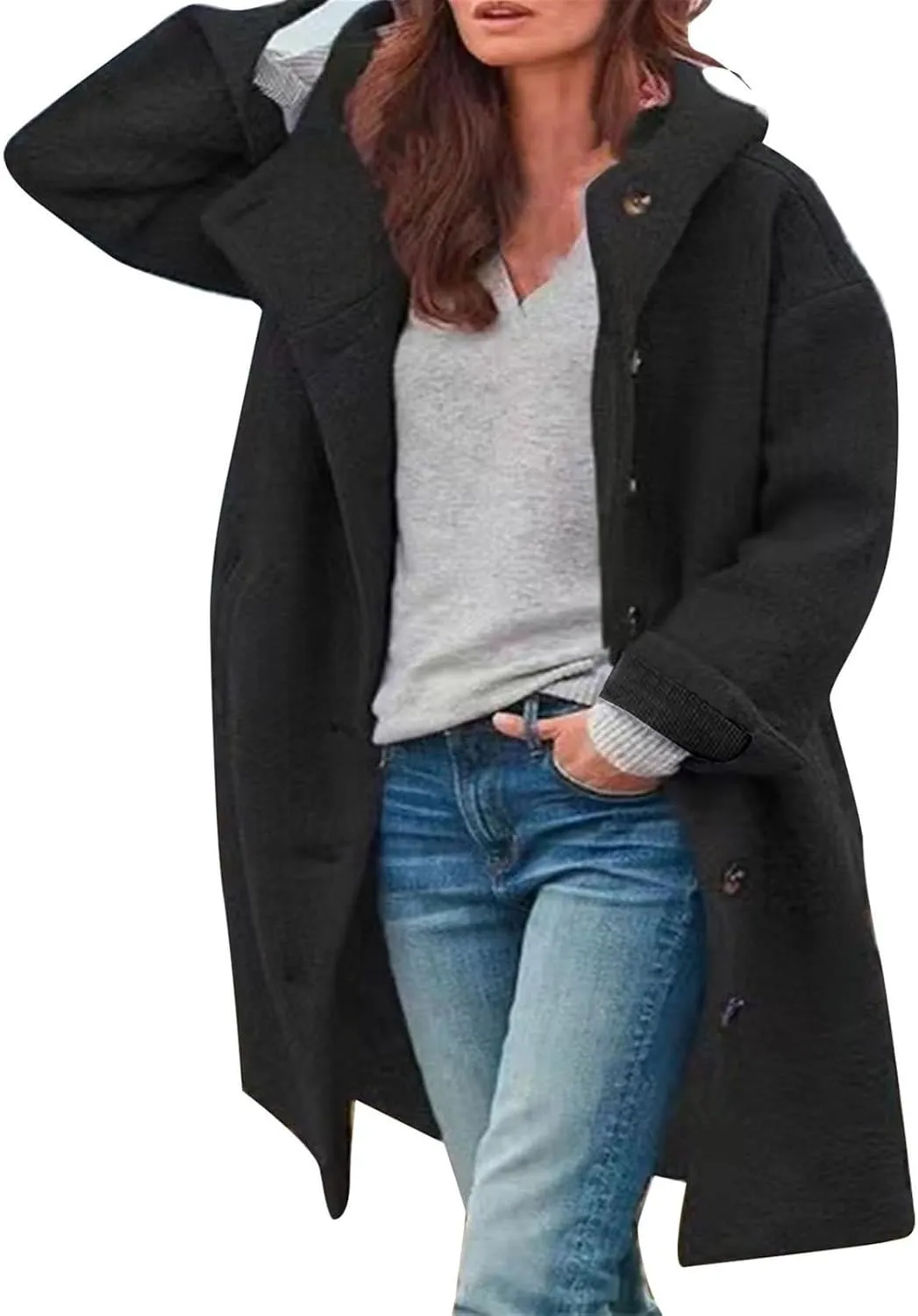 Women's Dressy Trench Coat Fashion Wool Single Breasted Knee Length Hooded Work Jackets Winter Thickened Office Coats