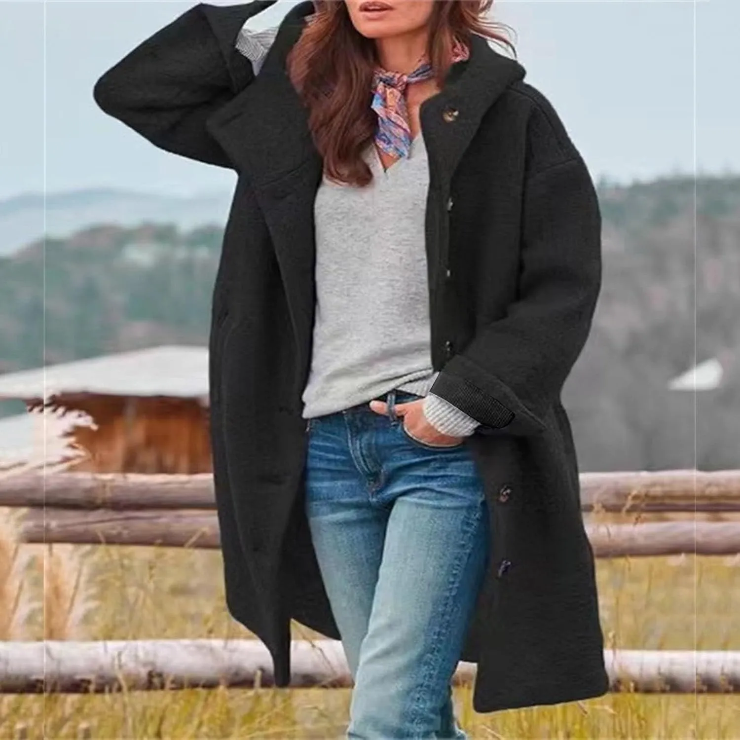 Women's Dressy Trench Coat Fashion Wool Single Breasted Knee Length Hooded Work Jackets Winter Thickened Office Coats