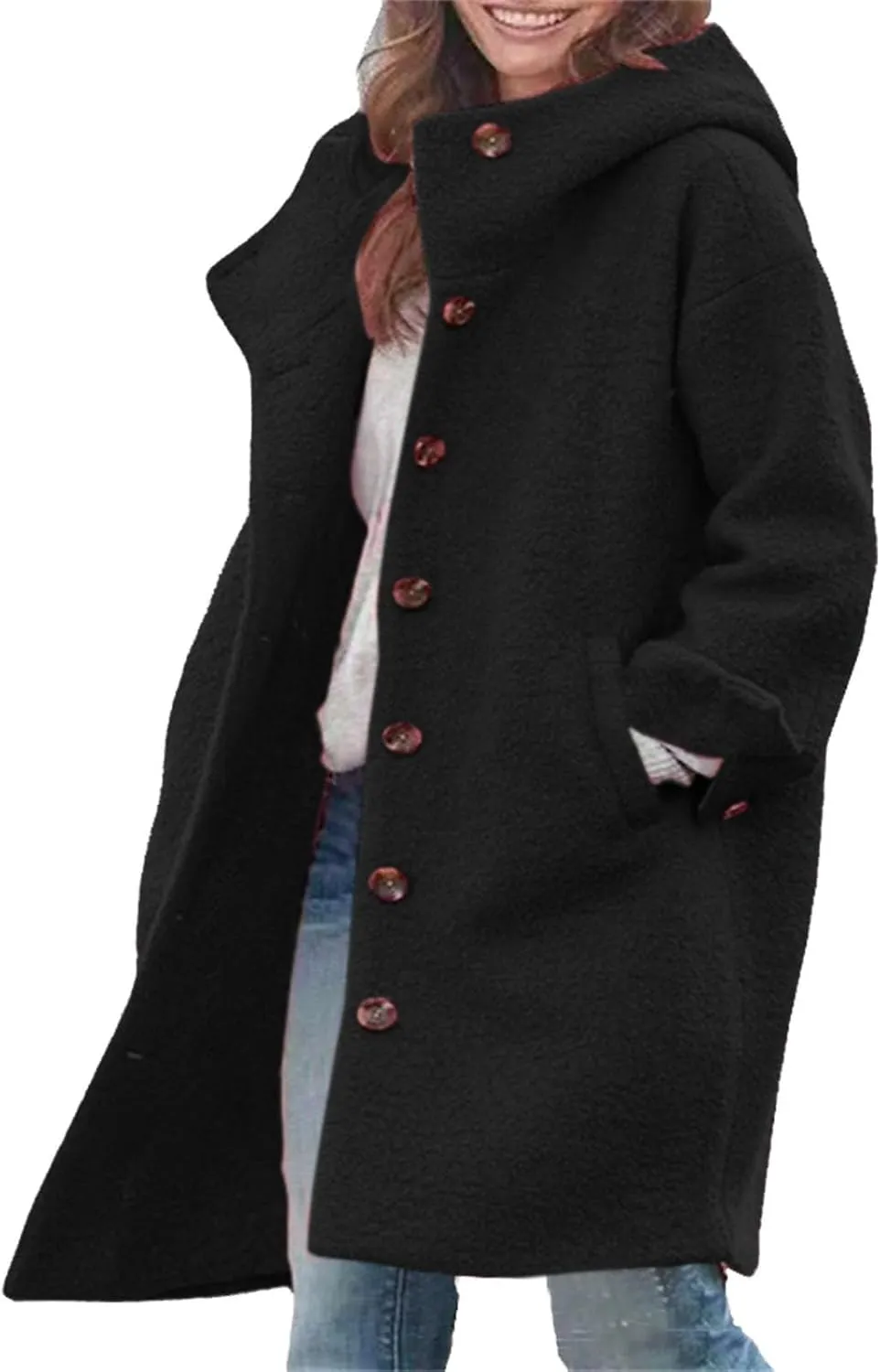 Women's Dressy Trench Coat Fashion Wool Single Breasted Knee Length Hooded Work Jackets Winter Thickened Office Coats
