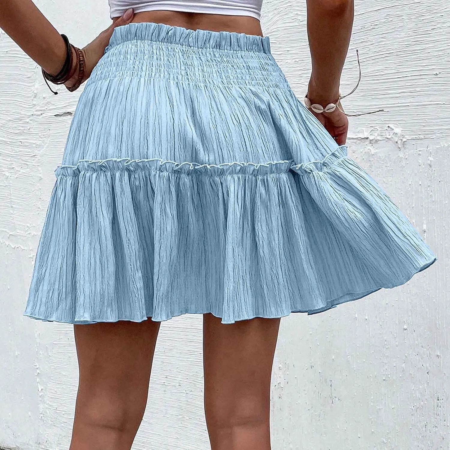 Women's Elastic Waist Pleated Ruffle Mini Skirt Flowy Swing Summer Cute Beach Boho Skirt Solid Color Comfy Skirt