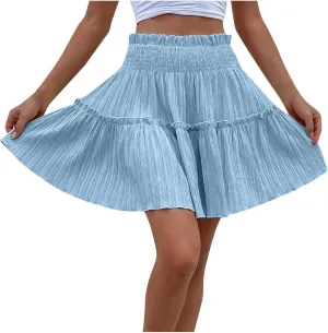 Women's Elastic Waist Pleated Ruffle Mini Skirt Flowy Swing Summer Cute Beach Boho Skirt Solid Color Comfy Skirt