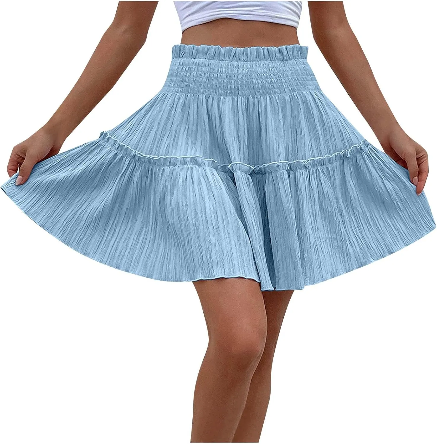 Women's Elastic Waist Pleated Ruffle Mini Skirt Flowy Swing Summer Cute Beach Boho Skirt Solid Color Comfy Skirt