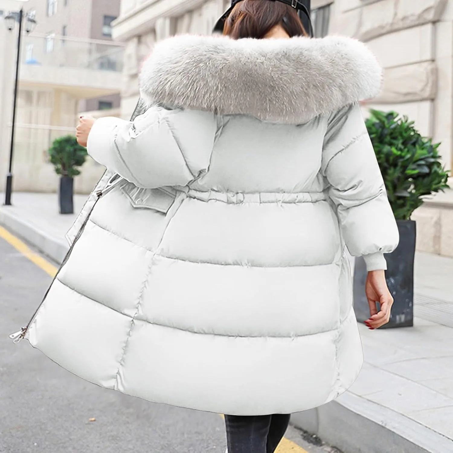 Womens Elegant Zipper Puffer Coat Long Sleeve Big Collar Down Coat Insulated Casual Loose Overcoat Daily Winter Clothes