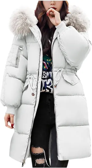 Womens Elegant Zipper Puffer Coat Long Sleeve Big Collar Down Coat Insulated Casual Loose Overcoat Daily Winter Clothes
