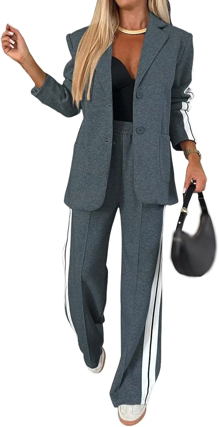 Women's Fall 2 Piece Blazer Outfits Notch Lapel Business Casual Oversized Jacket Wide Leg Work Pants Suit Set 2024