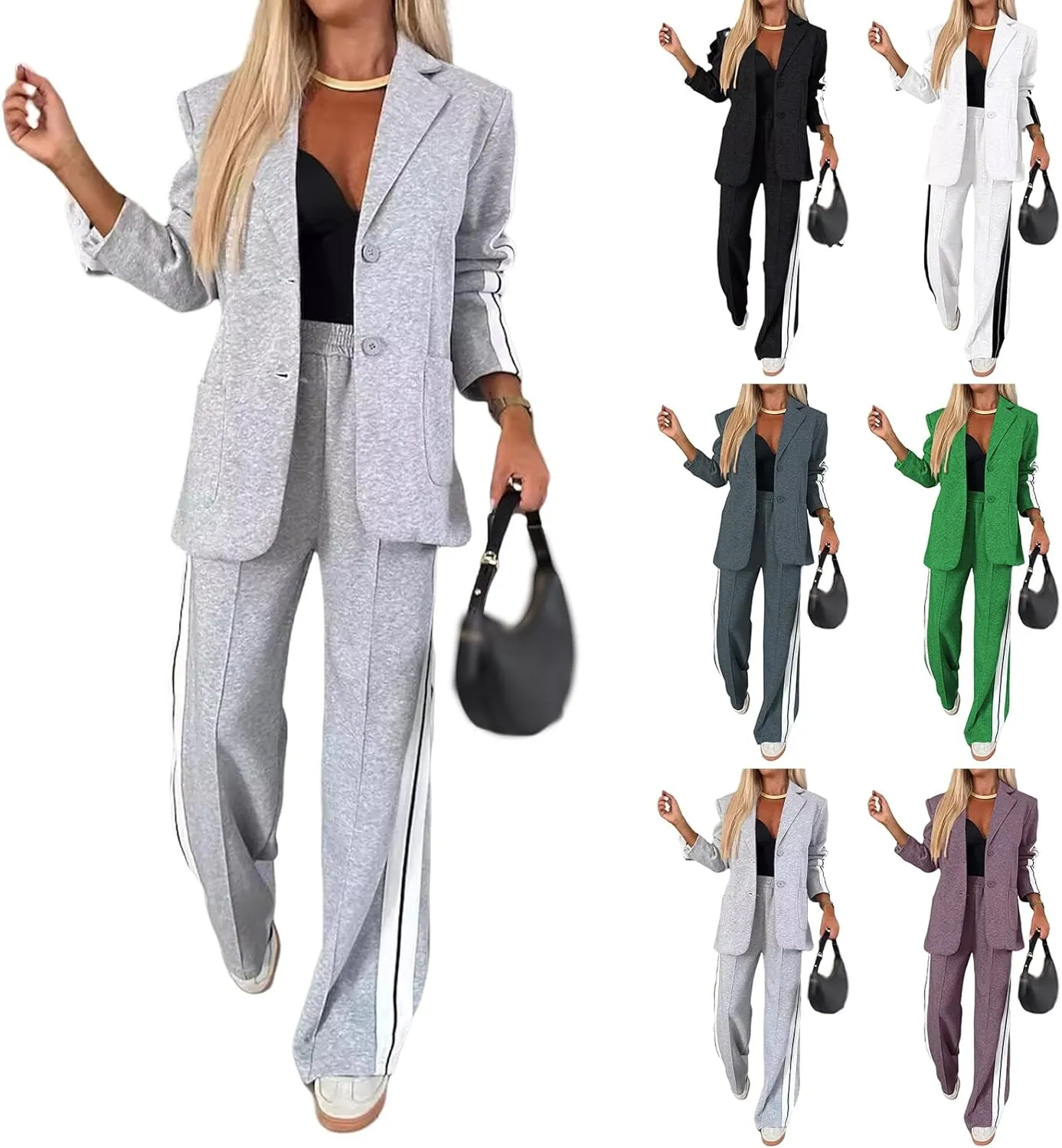 Women's Fall 2 Piece Blazer Outfits Notch Lapel Business Casual Oversized Jacket Wide Leg Work Pants Suit Set 2024