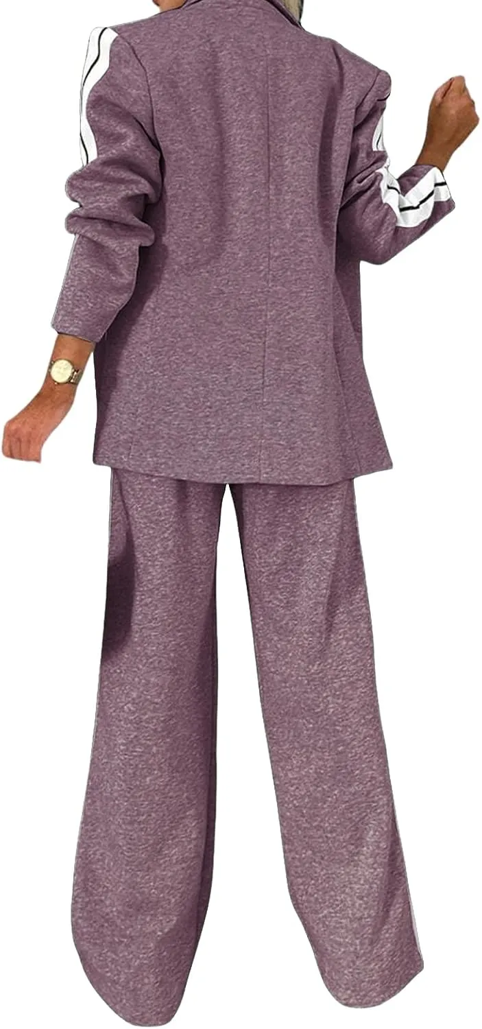 Women's Fall 2 Piece Blazer Outfits Notch Lapel Business Casual Oversized Jacket Wide Leg Work Pants Suit Set 2024
