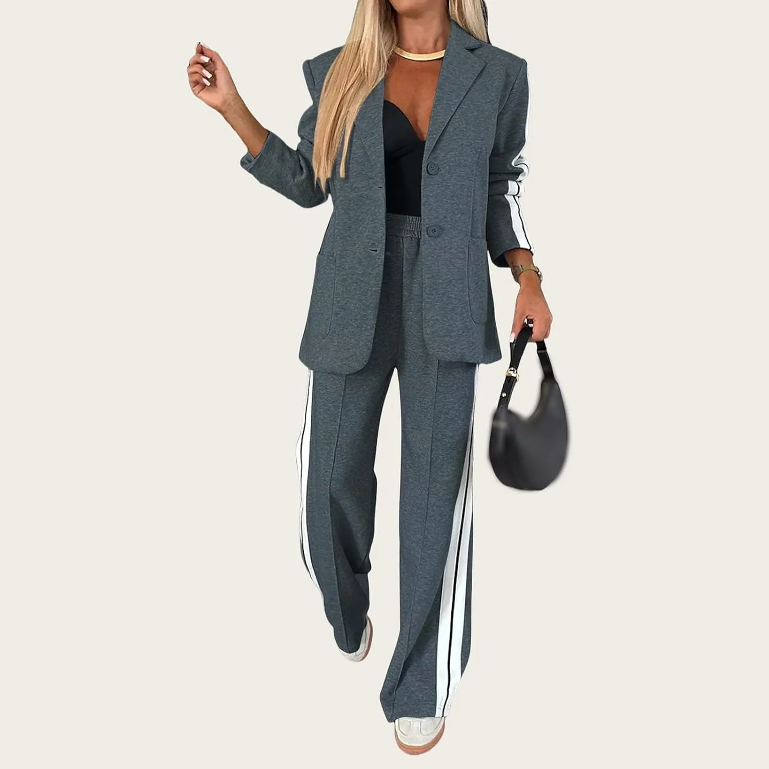 Women's Fall 2 Piece Blazer Outfits Notch Lapel Business Casual Oversized Jacket Wide Leg Work Pants Suit Set 2024
