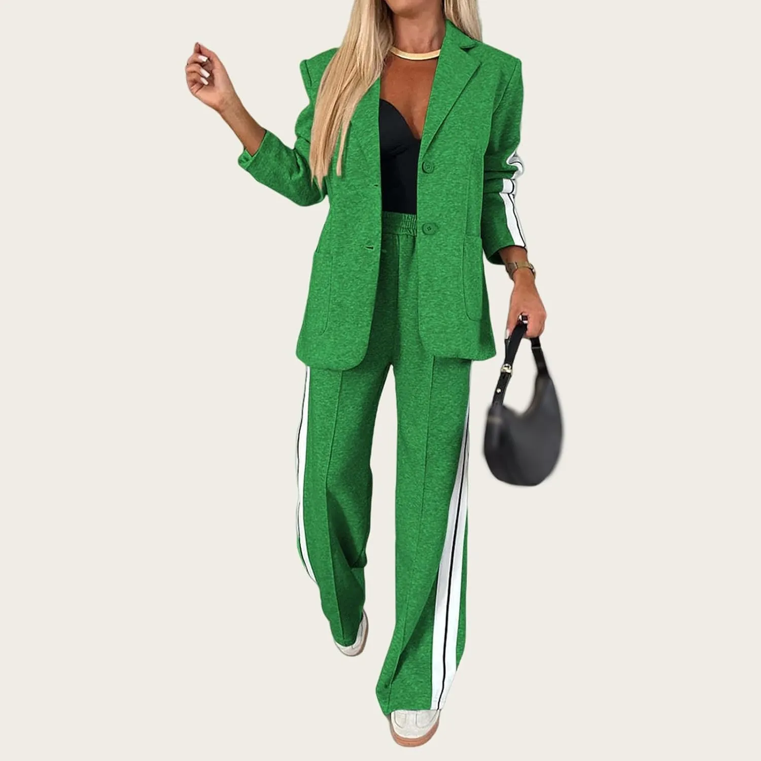 Women's Fall 2 Piece Blazer Outfits Notch Lapel Business Casual Oversized Jacket Wide Leg Work Pants Suit Set 2024