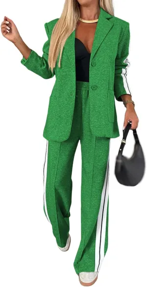Women's Fall 2 Piece Blazer Outfits Notch Lapel Business Casual Oversized Jacket Wide Leg Work Pants Suit Set 2024