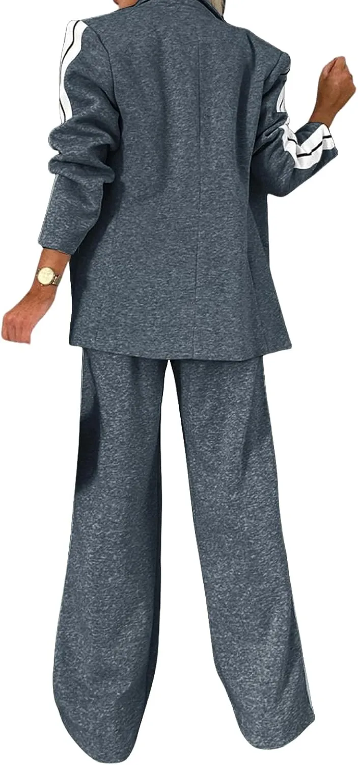 Women's Fall 2 Piece Blazer Outfits Notch Lapel Business Casual Oversized Jacket Wide Leg Work Pants Suit Set 2024