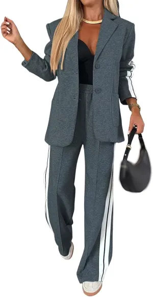 Women's Fall 2 Piece Blazer Outfits Notch Lapel Business Casual Oversized Jacket Wide Leg Work Pants Suit Set 2024