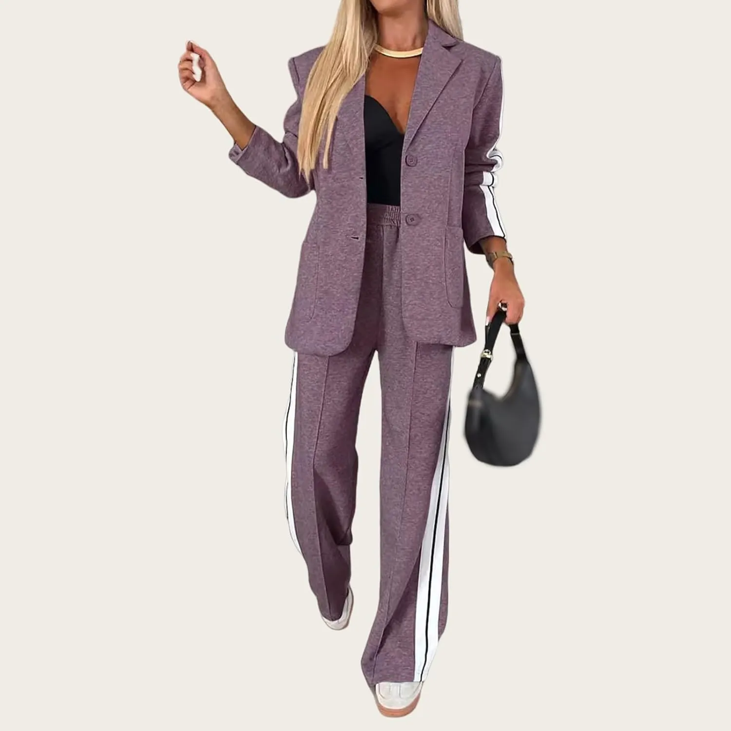 Women's Fall 2 Piece Blazer Outfits Notch Lapel Business Casual Oversized Jacket Wide Leg Work Pants Suit Set 2024