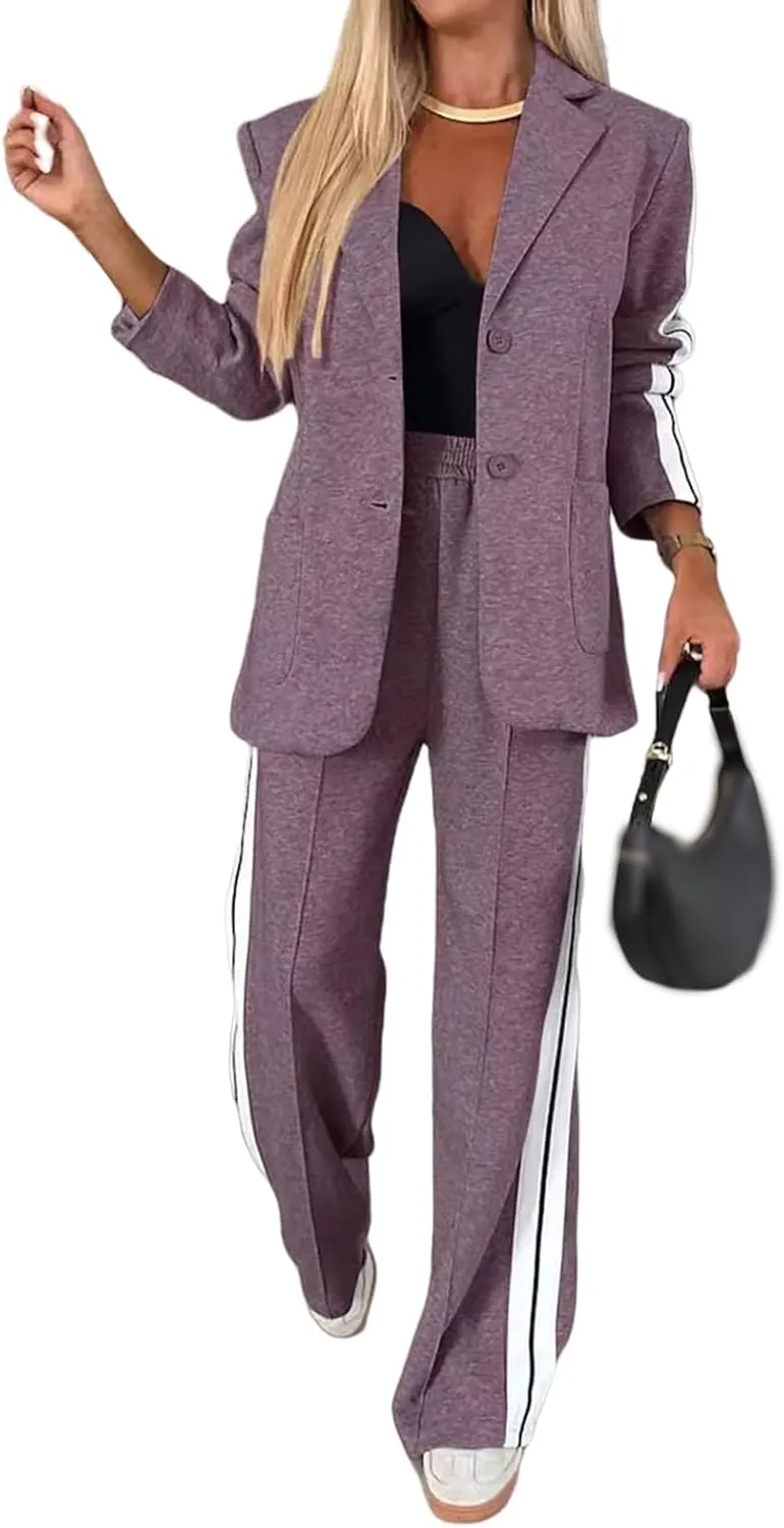 Women's Fall 2 Piece Blazer Outfits Notch Lapel Business Casual Oversized Jacket Wide Leg Work Pants Suit Set 2024