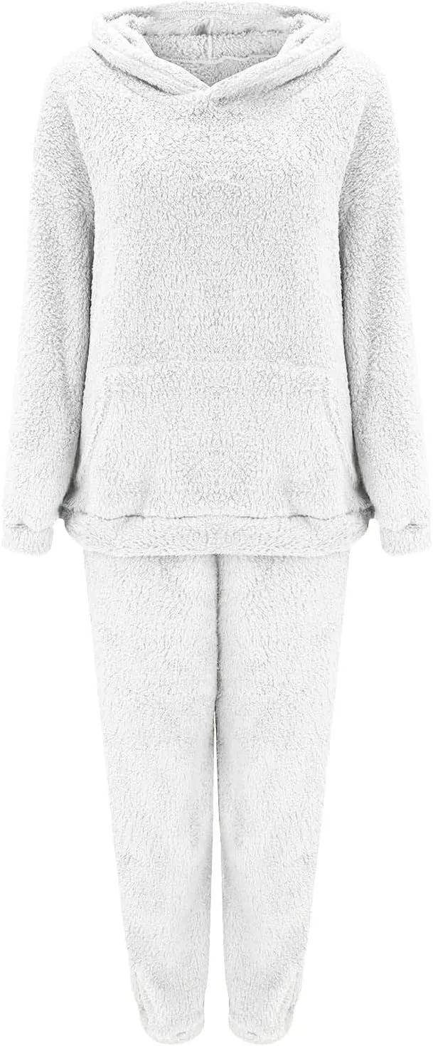 Womens Fleece 2 Piece Outfits Sherpa Fall Winter Warm Hoodies for Women Flannel Fleece Lined Sweatpants Lounge Set