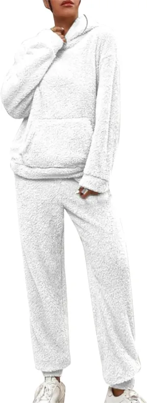 Womens Fleece 2 Piece Outfits Sherpa Fall Winter Warm Hoodies for Women Flannel Fleece Lined Sweatpants Lounge Set