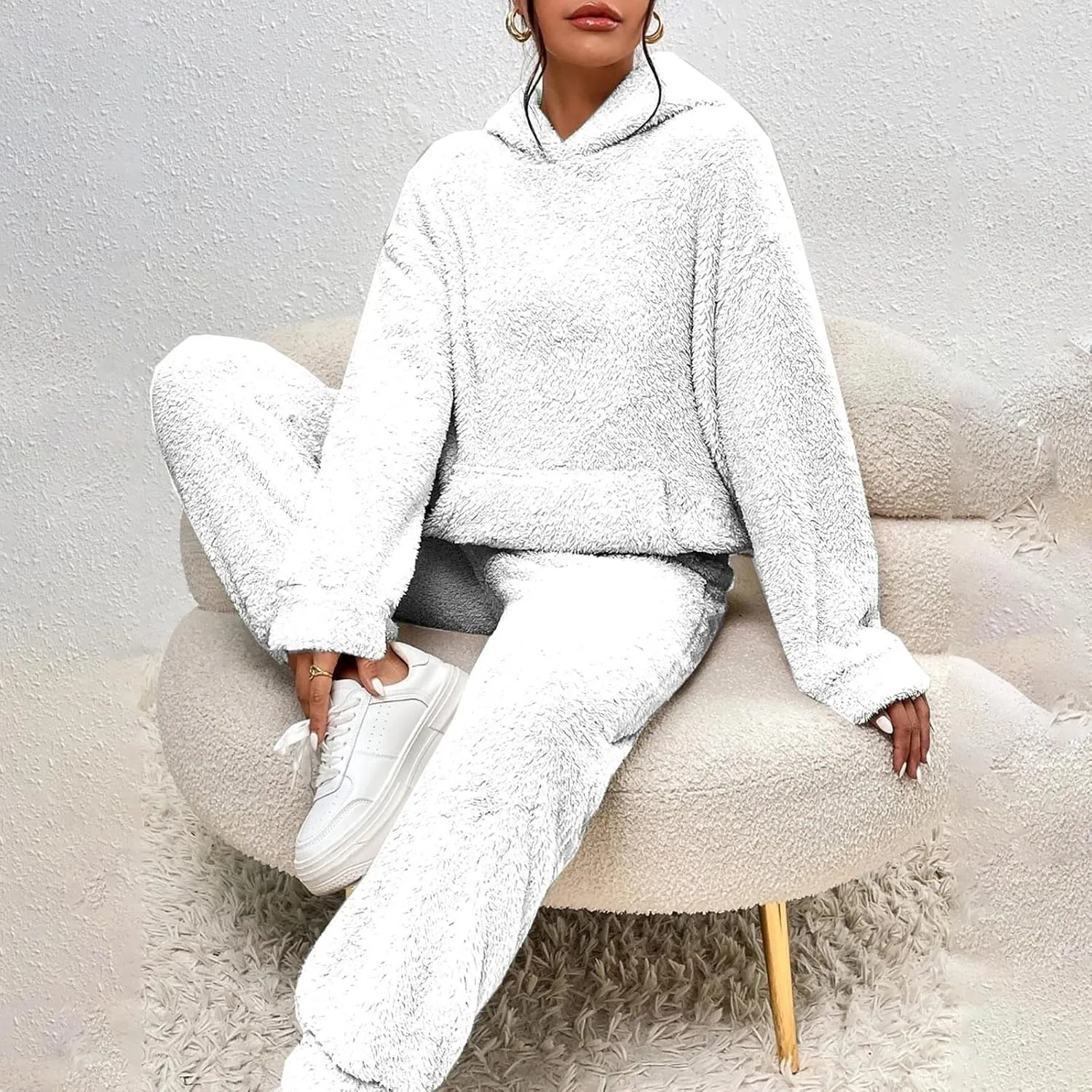 Womens Fleece 2 Piece Outfits Sherpa Fall Winter Warm Hoodies for Women Flannel Fleece Lined Sweatpants Lounge Set