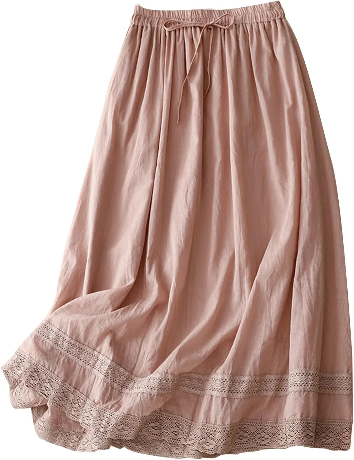 Womens Floral Embroidery Skirt Cotton Linen Skirt Fashion Versatile Casual Retro Flowing Drawstring Waist Maxi Skirt