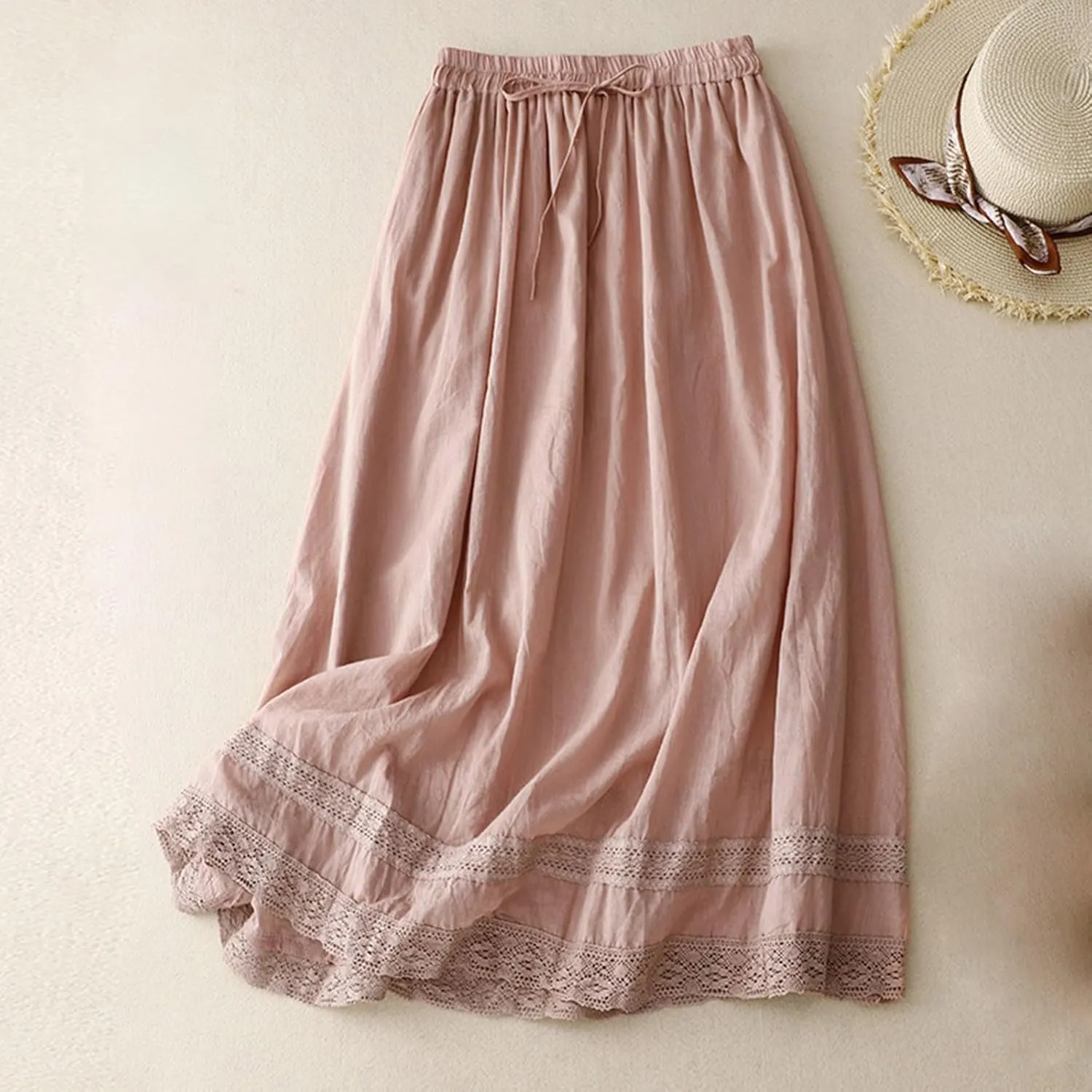 Womens Floral Embroidery Skirt Cotton Linen Skirt Fashion Versatile Casual Retro Flowing Drawstring Waist Maxi Skirt