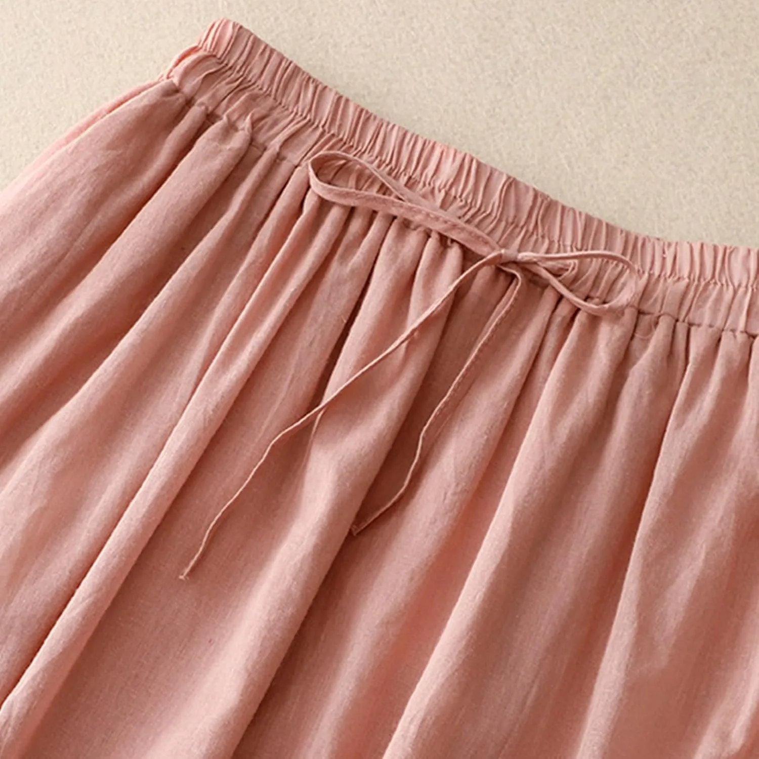 Womens Floral Embroidery Skirt Cotton Linen Skirt Fashion Versatile Casual Retro Flowing Drawstring Waist Maxi Skirt