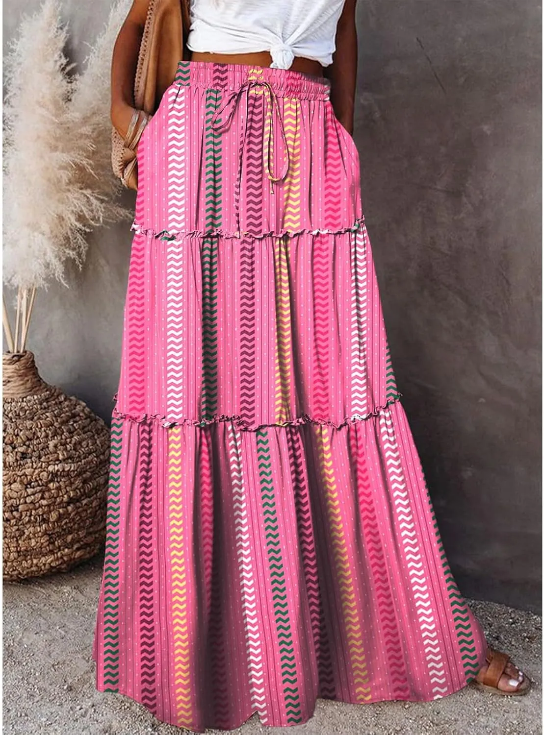 Women's Floral Print Midi Skirts 2025 Summer Aline Elastic High Waist Pleated Flowy Long Skirt Pockets Cute Skirts