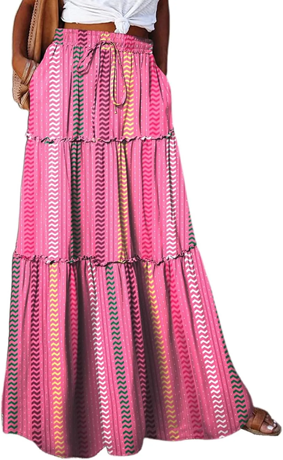 Women's Floral Print Midi Skirts 2025 Summer Aline Elastic High Waist Pleated Flowy Long Skirt Pockets Cute Skirts