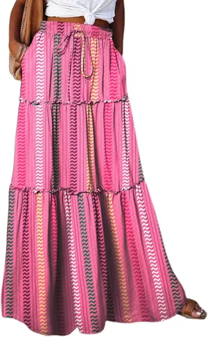 Women's Floral Print Midi Skirts 2025 Summer Aline Elastic High Waist Pleated Flowy Long Skirt Pockets Cute Skirts