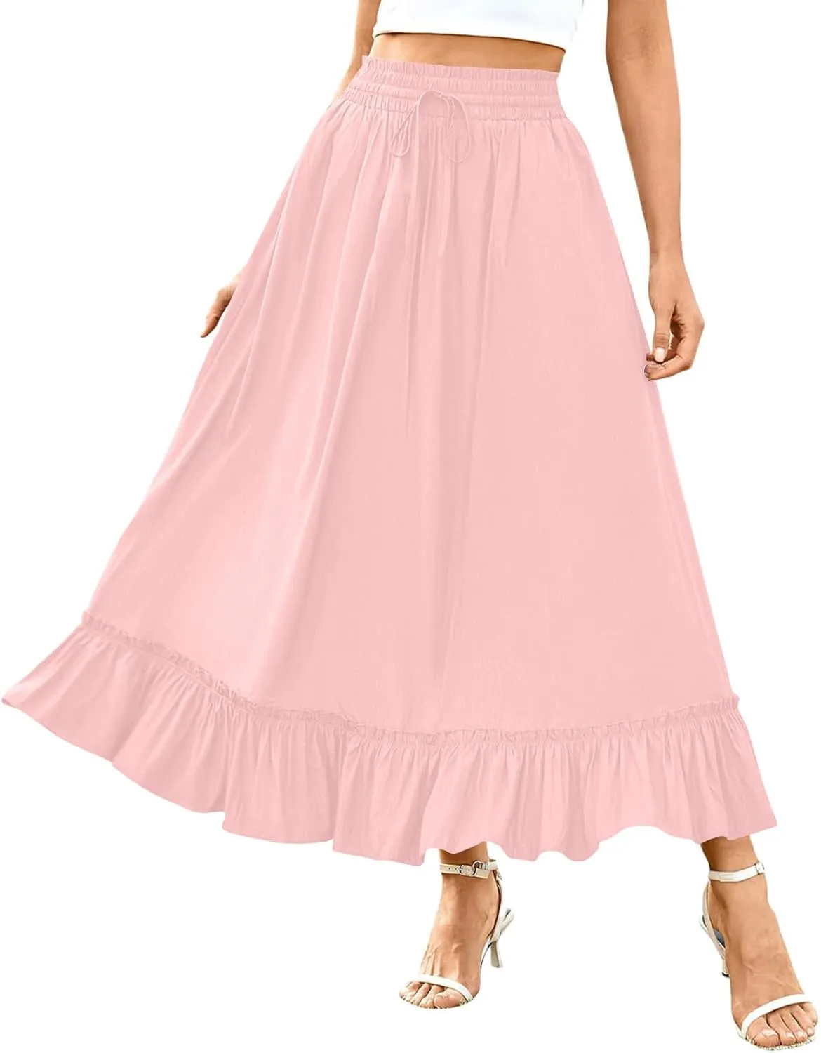 Womens Flowy Maxi Skirts Summer Dressy Drawstring Elastic High Rise Boho Long Skirt Pleated Hem Solid Color Skirts