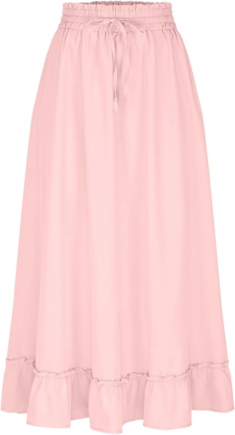 Womens Flowy Maxi Skirts Summer Dressy Drawstring Elastic High Rise Boho Long Skirt Pleated Hem Solid Color Skirts