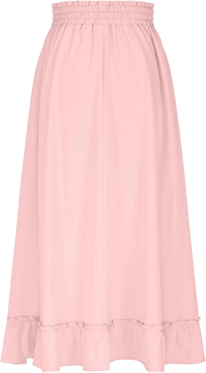 Womens Flowy Maxi Skirts Summer Dressy Drawstring Elastic High Rise Boho Long Skirt Pleated Hem Solid Color Skirts