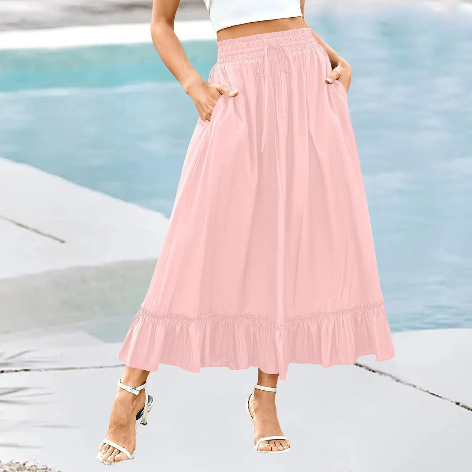 Womens Flowy Maxi Skirts Summer Dressy Drawstring Elastic High Rise Boho Long Skirt Pleated Hem Solid Color Skirts