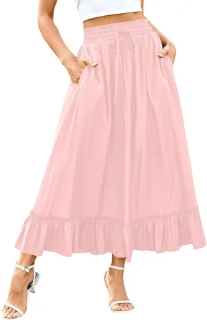 Womens Flowy Maxi Skirts Summer Dressy Drawstring Elastic High Rise Boho Long Skirt Pleated Hem Solid Color Skirts