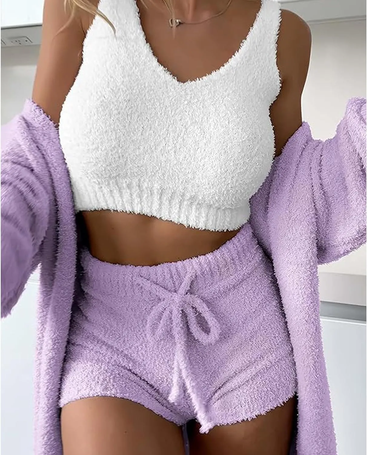 Women's Fuzzy 3 Piece Lounge Sets, Cozy 4-Piece Fleece Warm Set Cardigan Crop Top Shorts Pajamas Loungewear Outfits