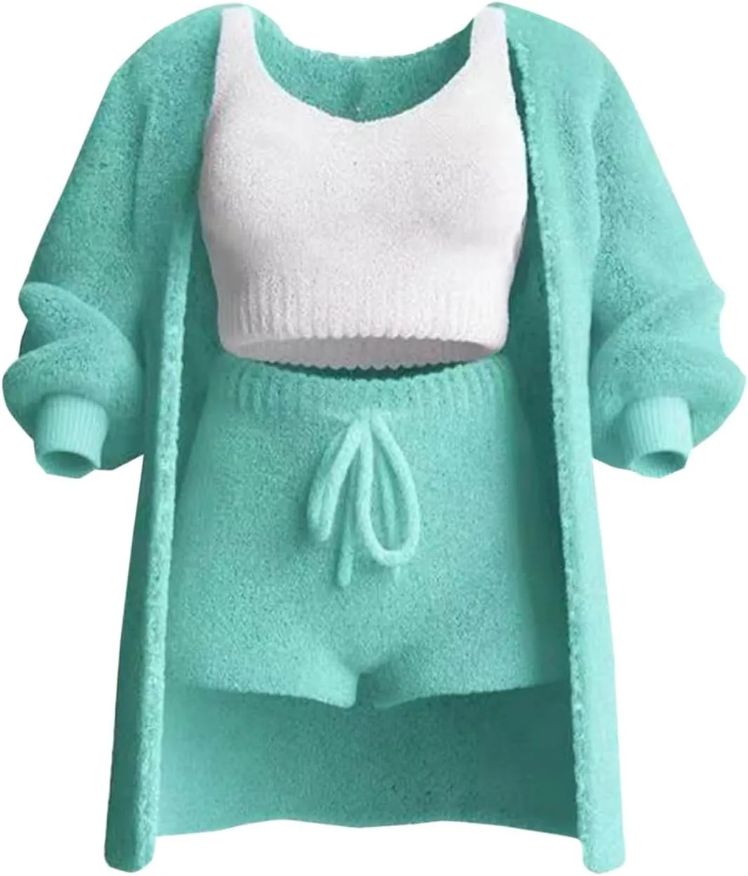Women's Fuzzy 3 Piece Lounge Sets, Cozy 4-Piece Fleece Warm Set Cardigan Crop Top Shorts Pajamas Loungewear Outfits