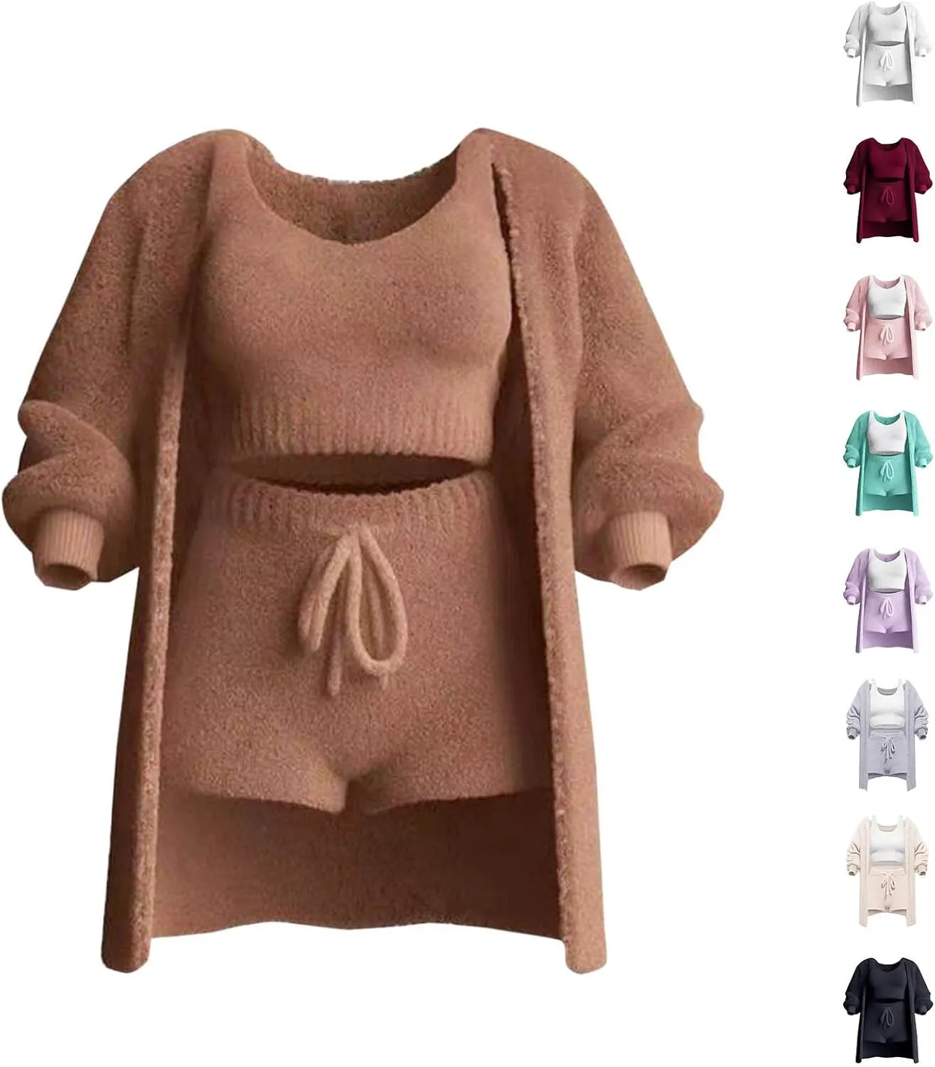 Women's Fuzzy 3 Piece Lounge Sets, Cozy 4-Piece Fleece Warm Set Cardigan Crop Top Shorts Pajamas Loungewear Outfits