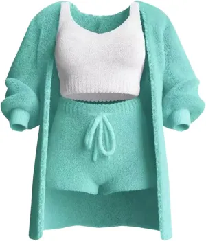 Women's Fuzzy 3 Piece Lounge Sets, Cozy 4-Piece Fleece Warm Set Cardigan Crop Top Shorts Pajamas Loungewear Outfits