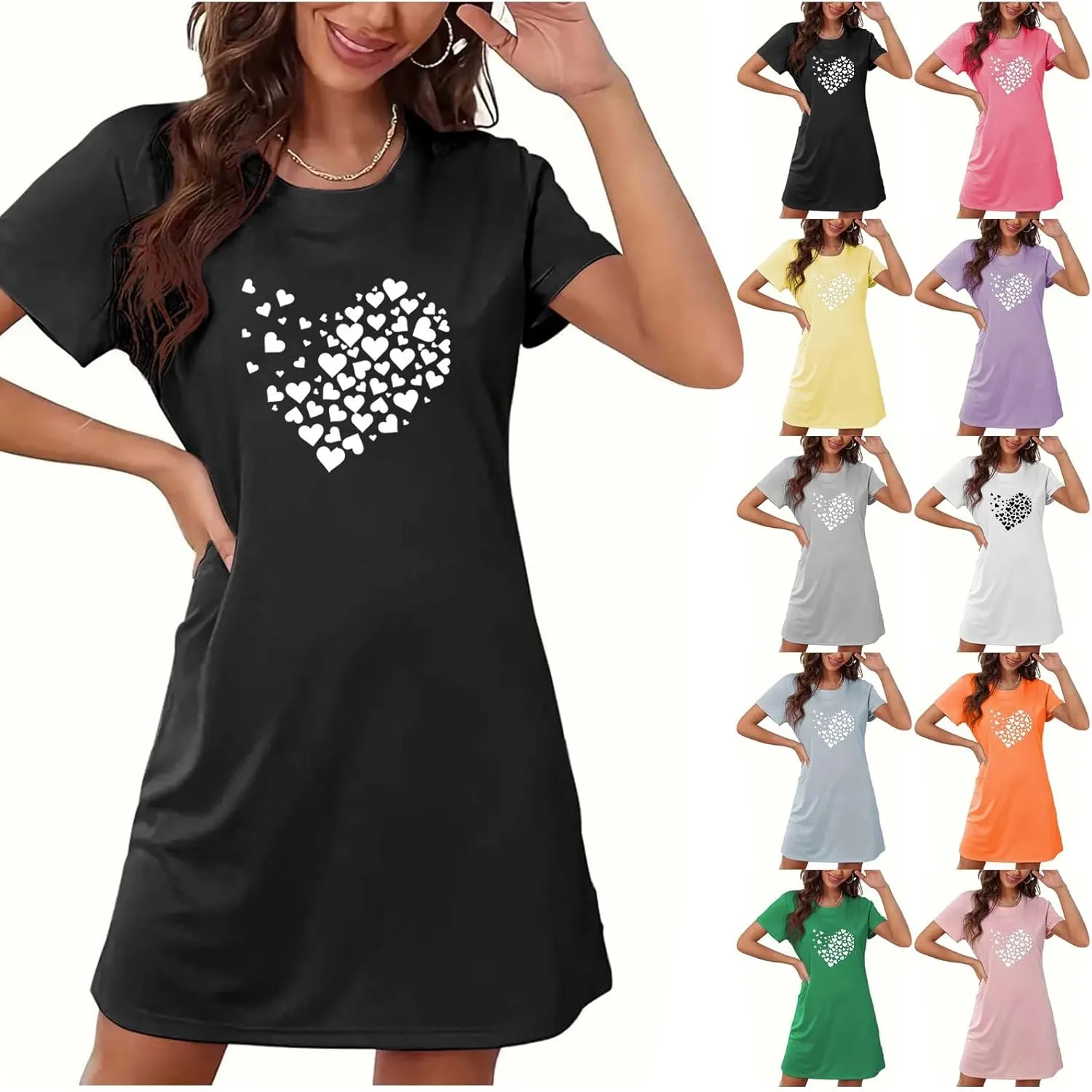 Women's Heart Print Nightgown Crewneck Tshirt Dress Summer Short Sleeve Loose Comfy Nightshirt Sleepwear