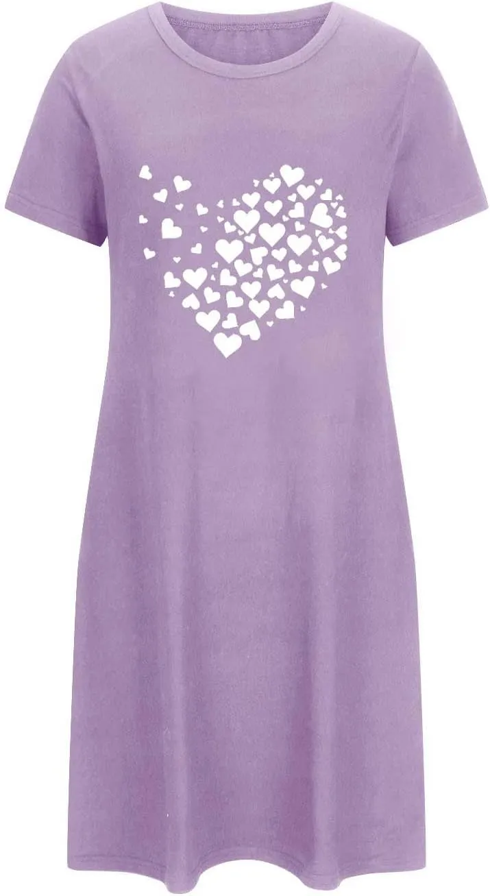 Women's Heart Print Nightgown Crewneck Tshirt Dress Summer Short Sleeve Loose Comfy Nightshirt Sleepwear