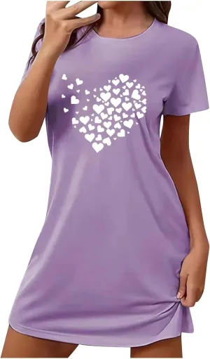 Women's Heart Print Nightgown Crewneck Tshirt Dress Summer Short Sleeve Loose Comfy Nightshirt Sleepwear