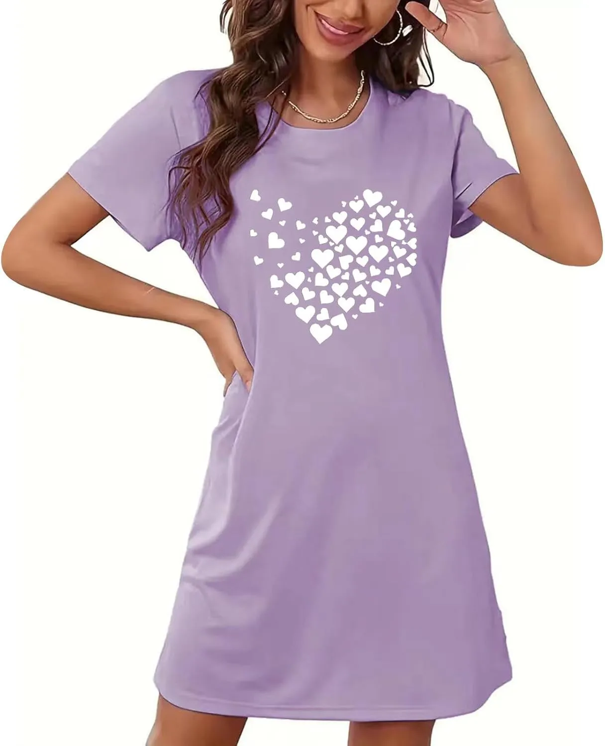 Women's Heart Print Nightgown Crewneck Tshirt Dress Summer Short Sleeve Loose Comfy Nightshirt Sleepwear