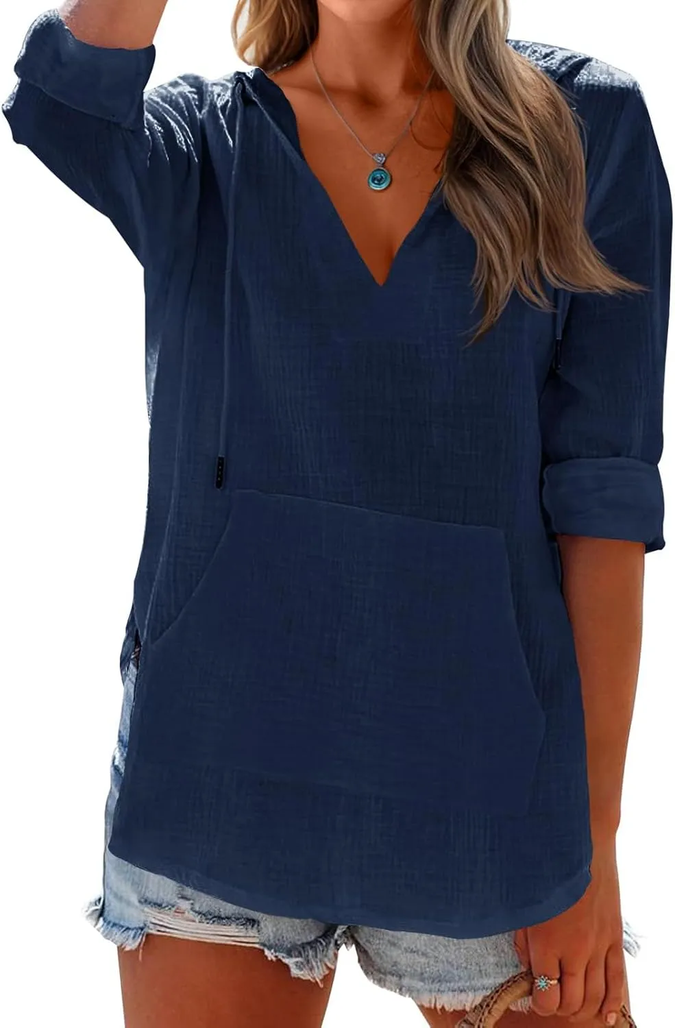 Womens Hoodies Cotton Linen Summer Tops Long Sleeve V Neck Sweatshirts Casual Beach Swimsuit Coverup with Pockets