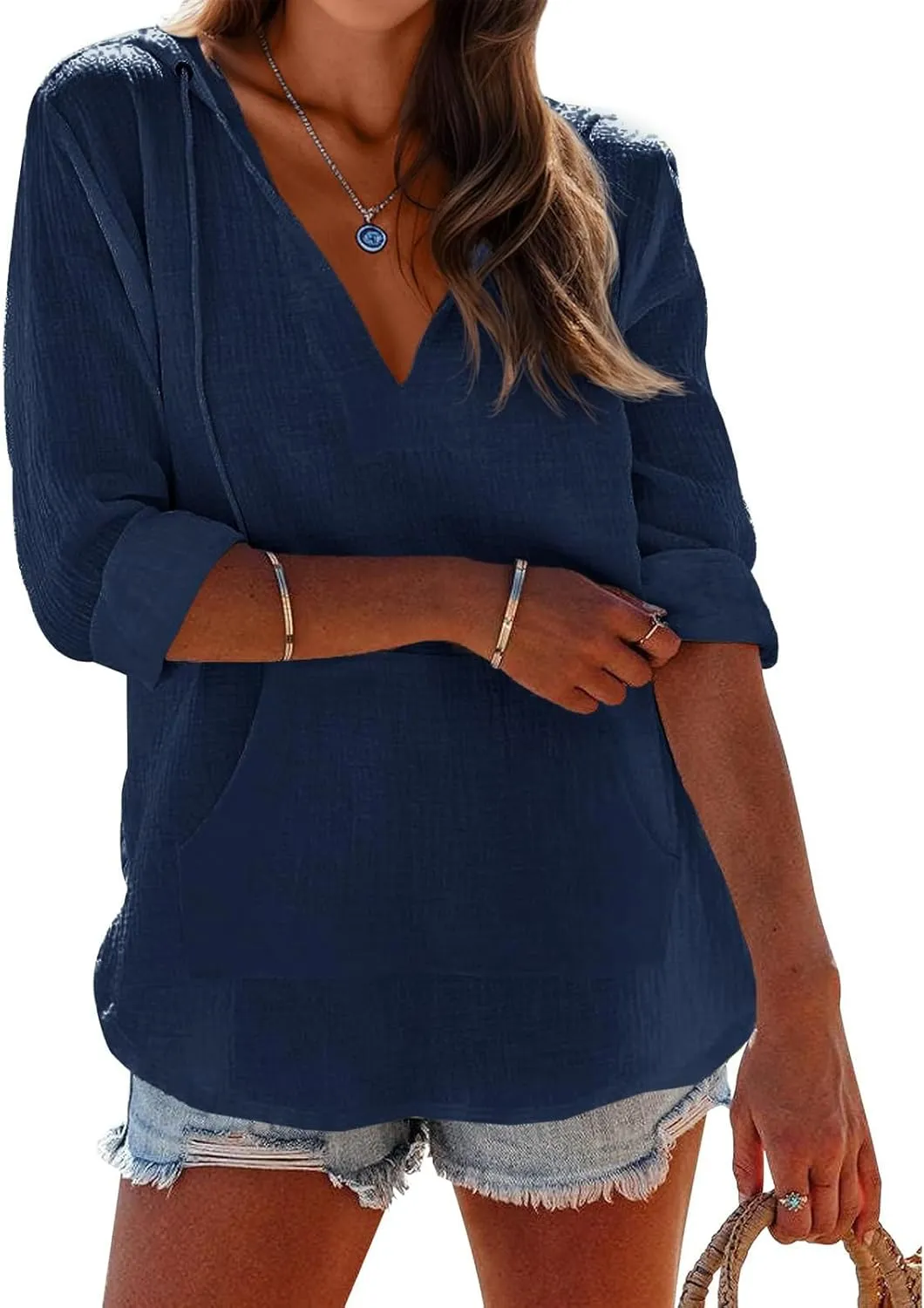 Womens Hoodies Cotton Linen Summer Tops Long Sleeve V Neck Sweatshirts Casual Beach Swimsuit Coverup with Pockets