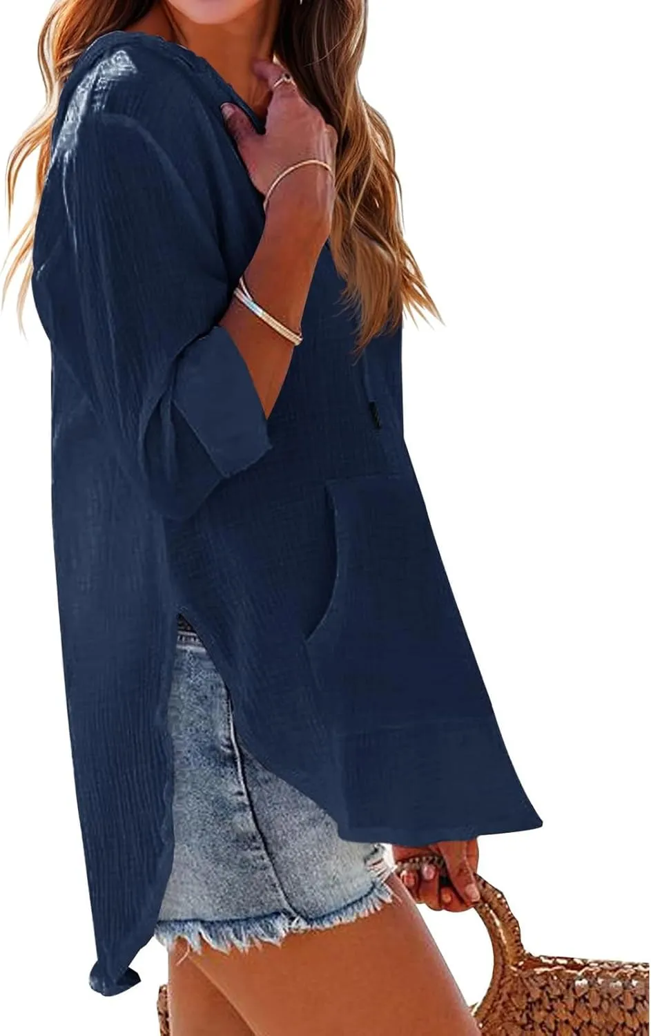 Womens Hoodies Cotton Linen Summer Tops Long Sleeve V Neck Sweatshirts Casual Beach Swimsuit Coverup with Pockets