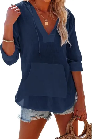 Womens Hoodies Cotton Linen Summer Tops Long Sleeve V Neck Sweatshirts Casual Beach Swimsuit Coverup with Pockets