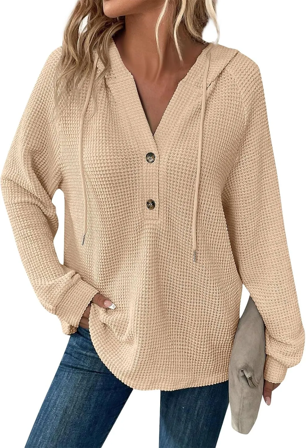 Womens Hoodies Hoodies for Women Waffle Knit Drawstring Button V Neck Long Sleeve Casual Pullover Sweatshirt Hooded Tops