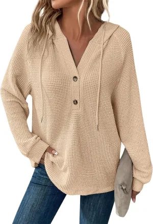 Womens Hoodies Hoodies for Women Waffle Knit Drawstring Button V Neck Long Sleeve Casual Pullover Sweatshirt Hooded Tops